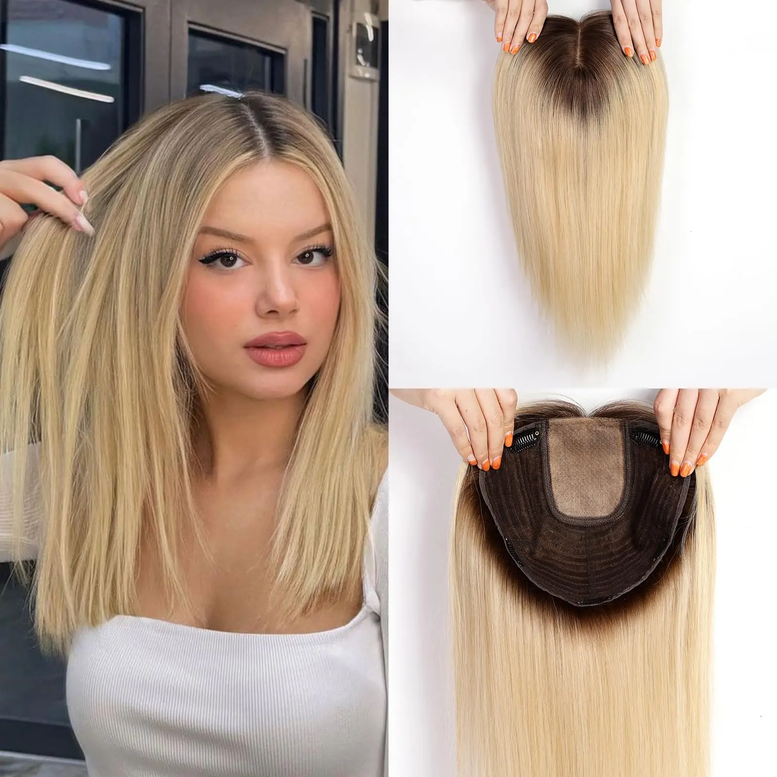 16 Inches Straight Human Hair Toppers Light Blonde Dark Root Hair Toppers for Women Hairpieces Extensions 3 Clips In Hair Topper