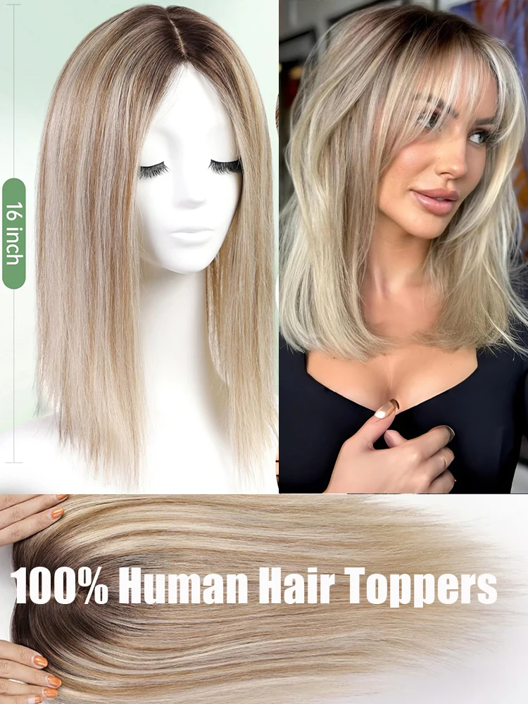 16 Inches Straight Human Hair Toppers Light Blonde Dark Root Hair Toppers for Women Hairpieces Extensions 3 Clips In Hair Topper