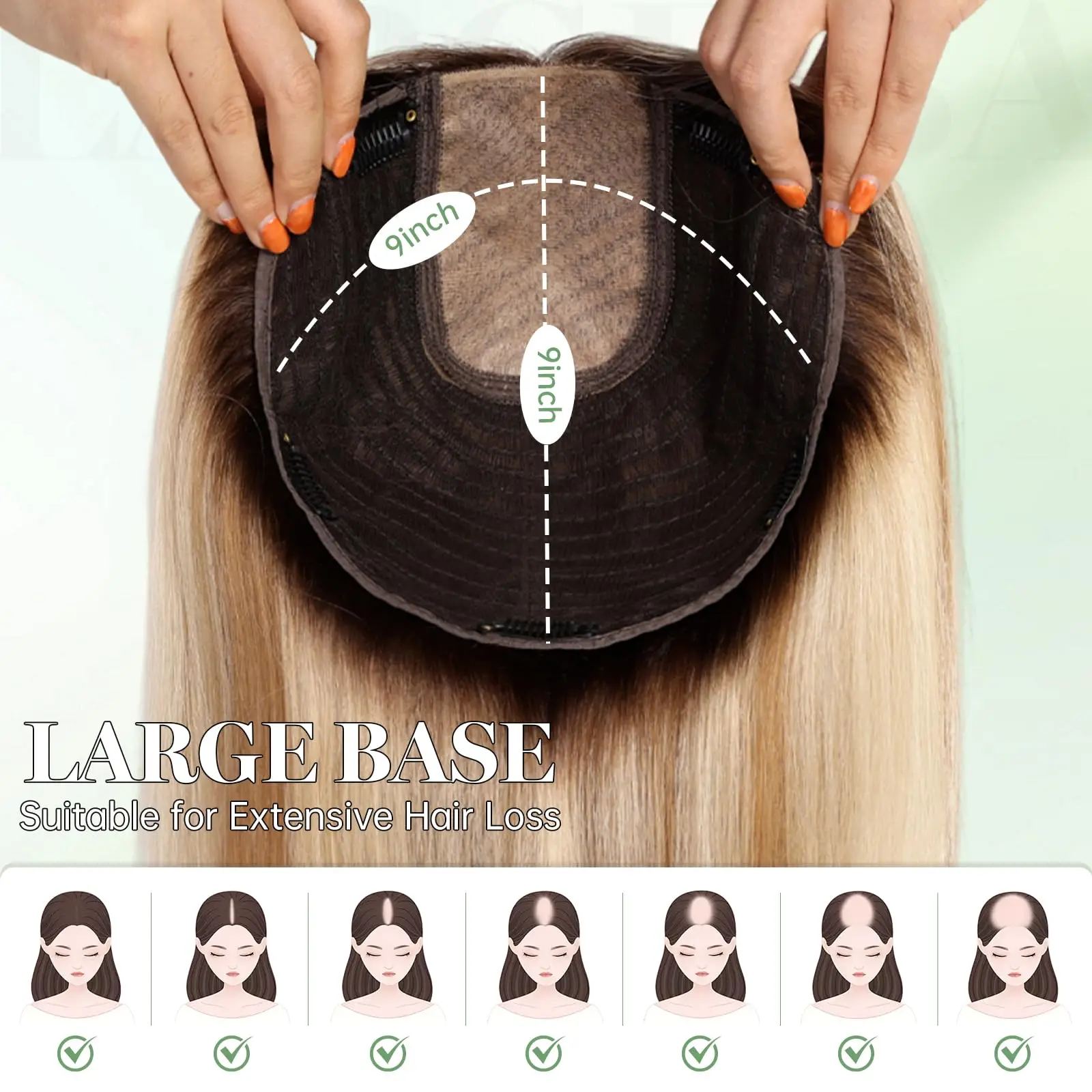 16 Inches Straight Human Hair Toppers Light Blonde Dark Root Hair Toppers for Women Hairpieces Extensions 3 Clips In Hair Topper