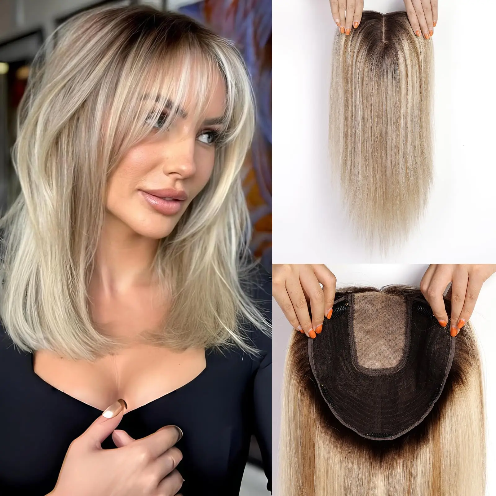 16 Inches Straight Human Hair Toppers Light Blonde Dark Root Hair Toppers for Women Hairpieces Extensions 3 Clips In Hair Topper