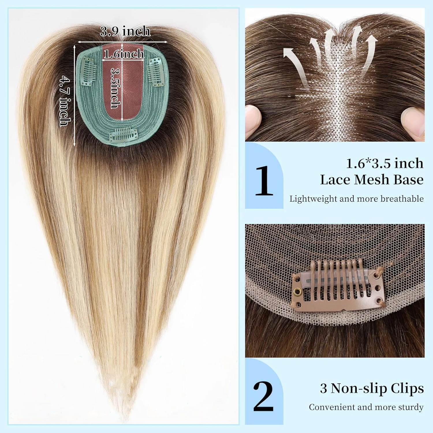12in Hair Toppers for Women Real Human Hair Pieces Brown Blonde Highlight 10*12cm Silk Base Toppers for Women With Thinning Hair