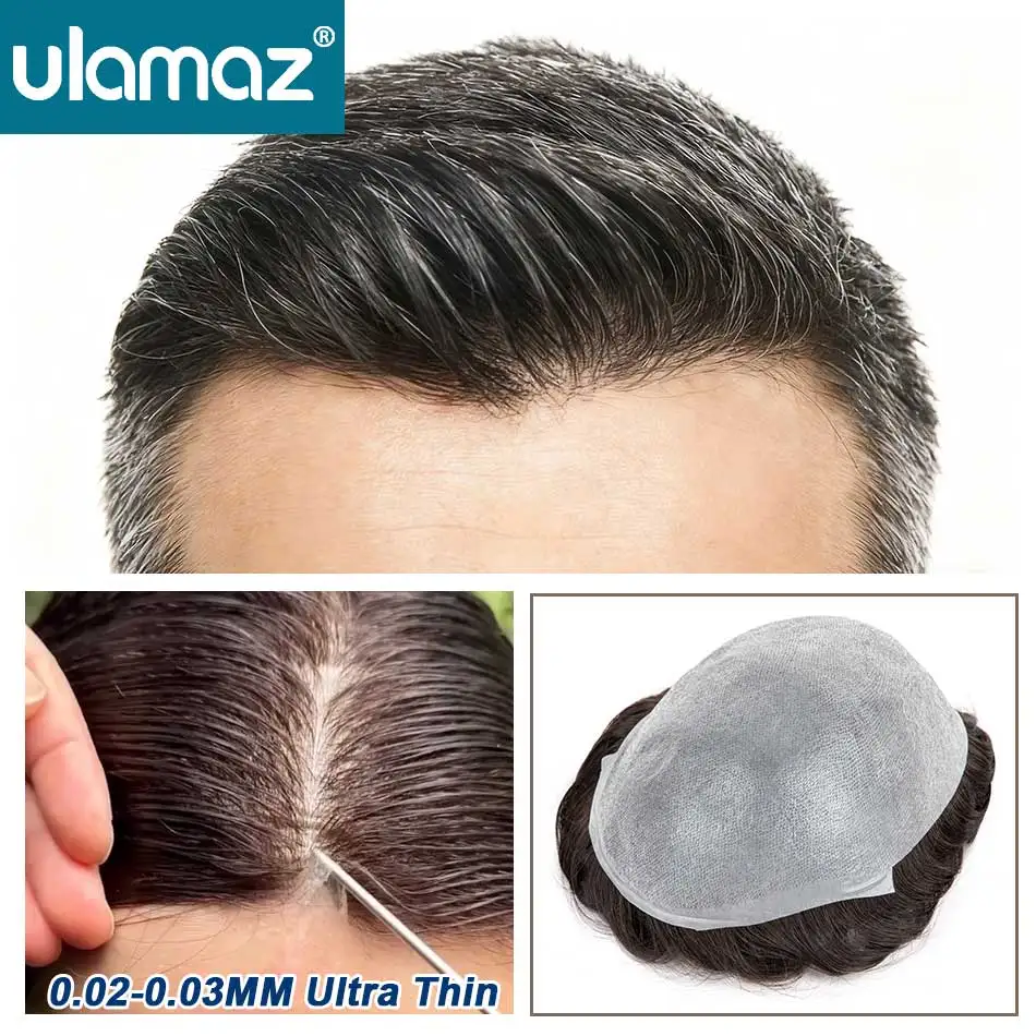 Realistic Male Hair Prosthesis 0.02-0.03mm Ultra Thin Skin Capillary Prosthesis 80% Toupee Wig Men Undetectable Man Hair System
