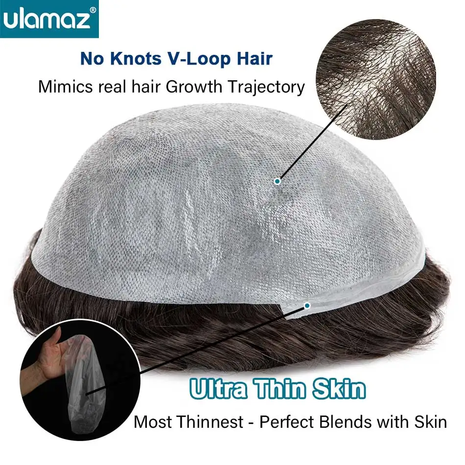Realistic Male Hair Prosthesis 0.02-0.03mm Ultra Thin Skin Capillary Prosthesis 80% Toupee Wig Men Undetectable Man Hair System
