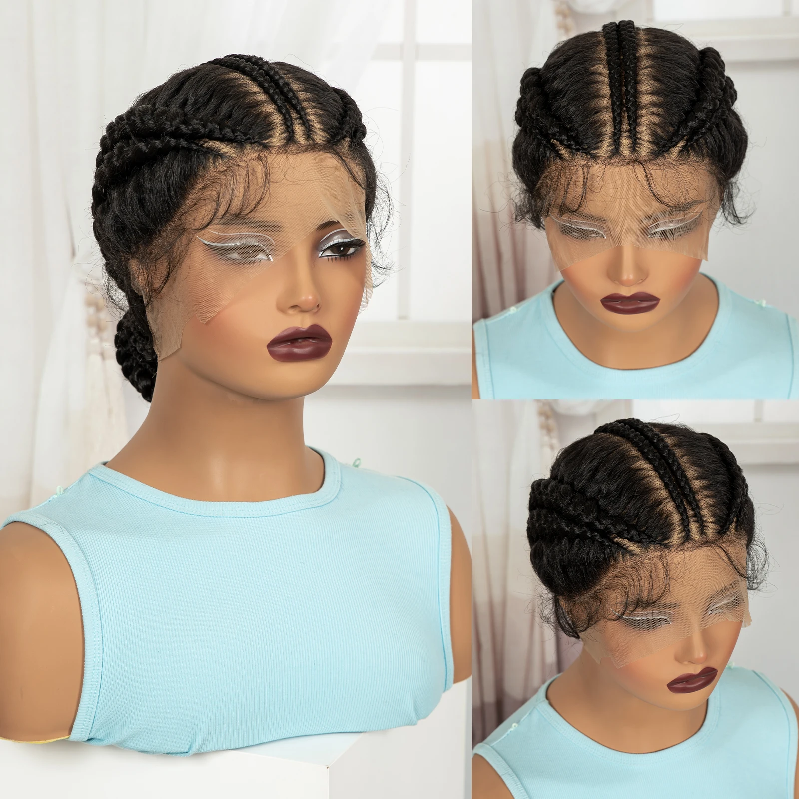 Full Lace Natural Bantu Braided Wigs Synthetic Braided Lace Wig with Baby Hair Knotless Braids Wigs for Black Women