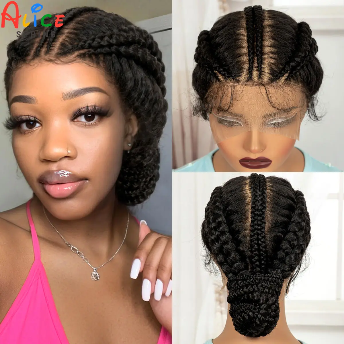 Full Lace Natural Bantu Braided Wigs Synthetic Braided Lace Wig with Baby Hair Knotless Braids Wigs for Black Women