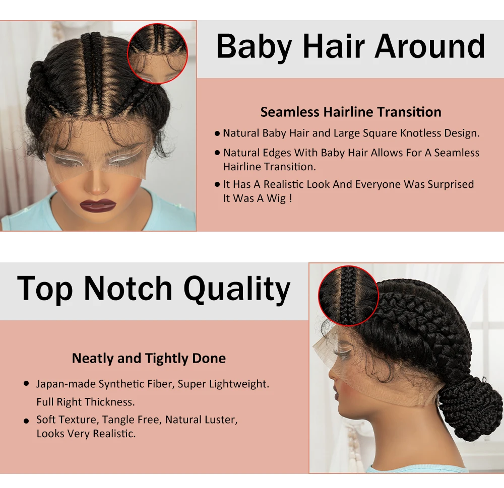 Full Lace Natural Bantu Braided Wigs Synthetic Braided Lace Wig with Baby Hair Knotless Braids Wigs for Black Women