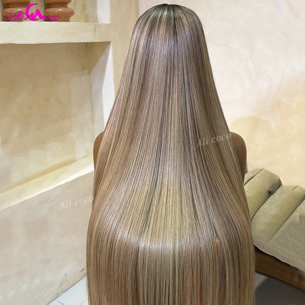 Ash Blonde Mixed Highlights #4 200 Density Drawstring Glueless Wigs Invisible HD Lace Front Closure Human Hair 14A Remy Straight