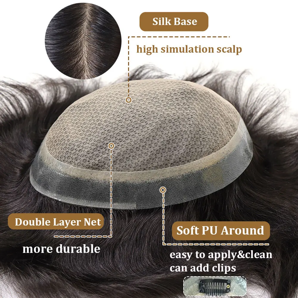 Silk Base Men Toupee Human Hair System For Man PU Around Realistic Male Hair Wig Men's Hairpiece Replacement Prosthesis