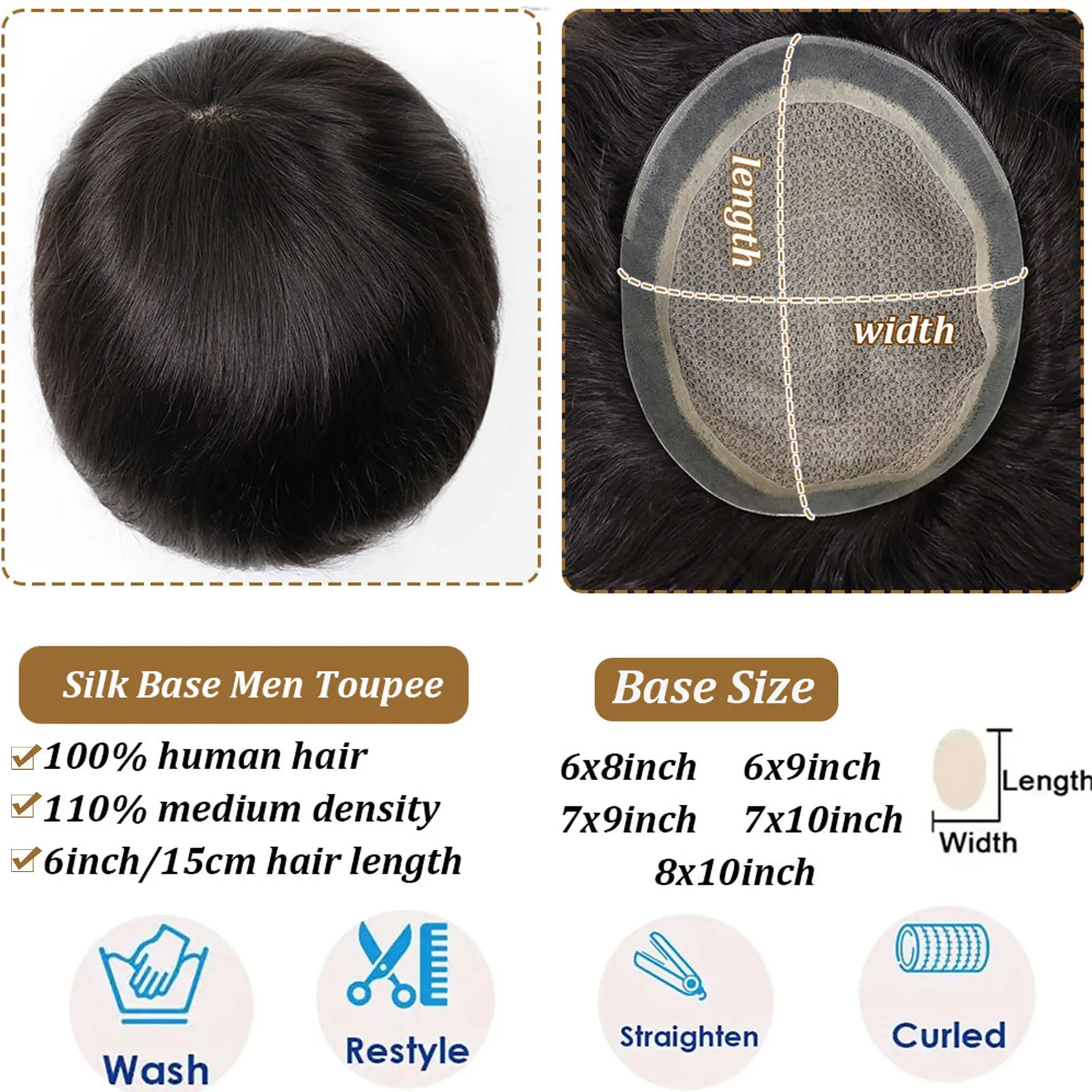 Silk Base Men Toupee Human Hair System For Man PU Around Realistic Male Hair Wig Men's Hairpiece Replacement Prosthesis