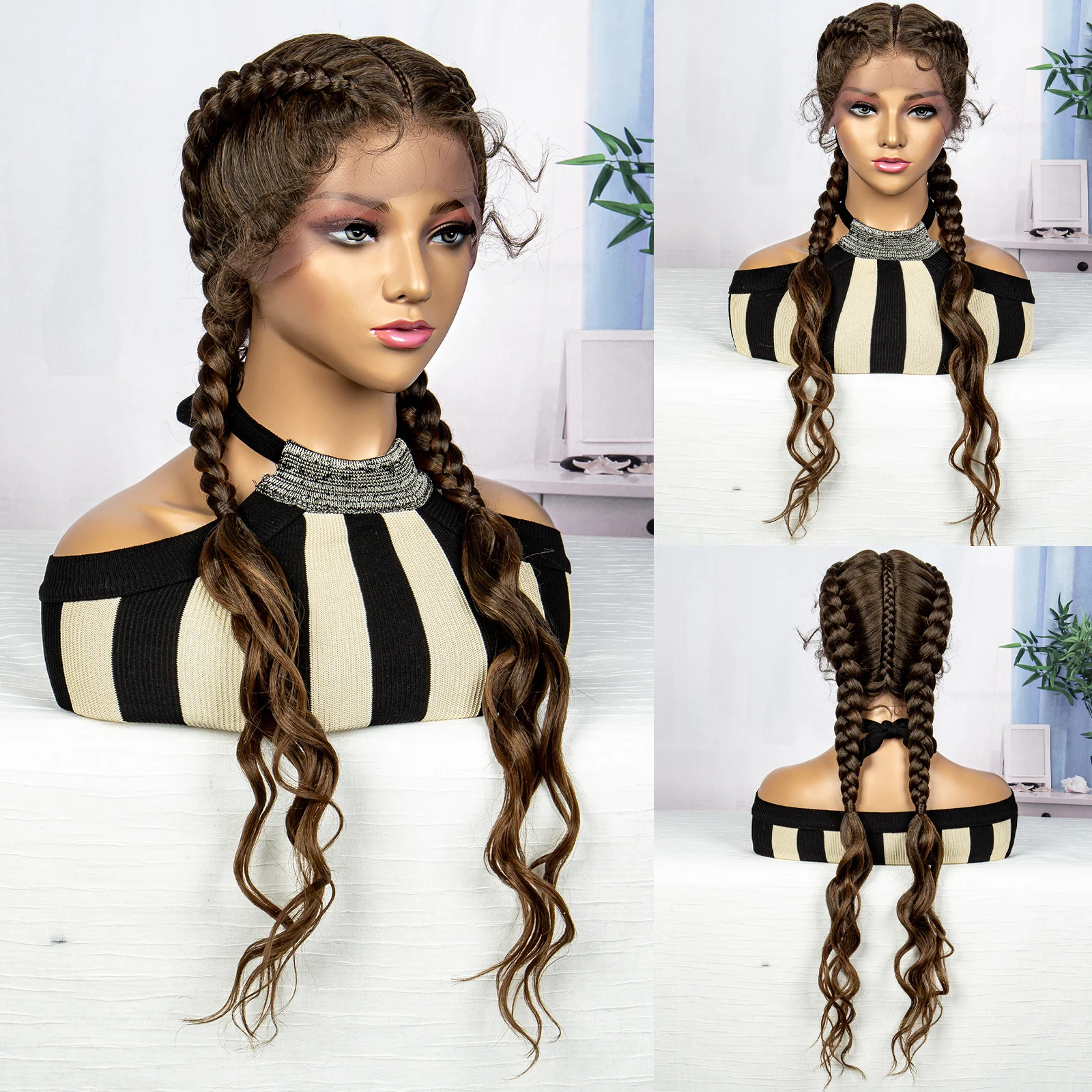 30 Inches New Fashion Braided Wigs 1B/30# Brown Braiding Hair Synthetic Wigs Transparent Lace Frontal Wigs for Women