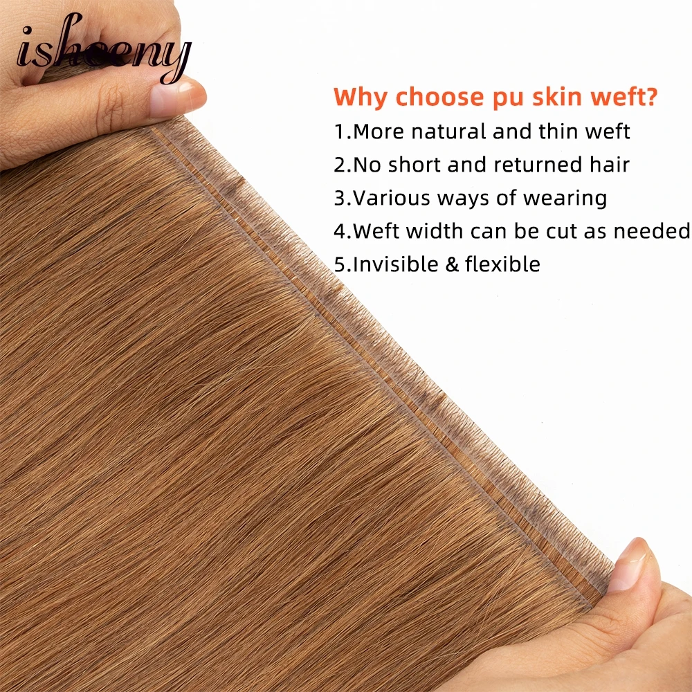 Isheeny Straight Long Tape Weft Hair 12"-22" Invisible PU Skin Weft Human Hair Extensions Natural Inject Hair Bundles 80-100g