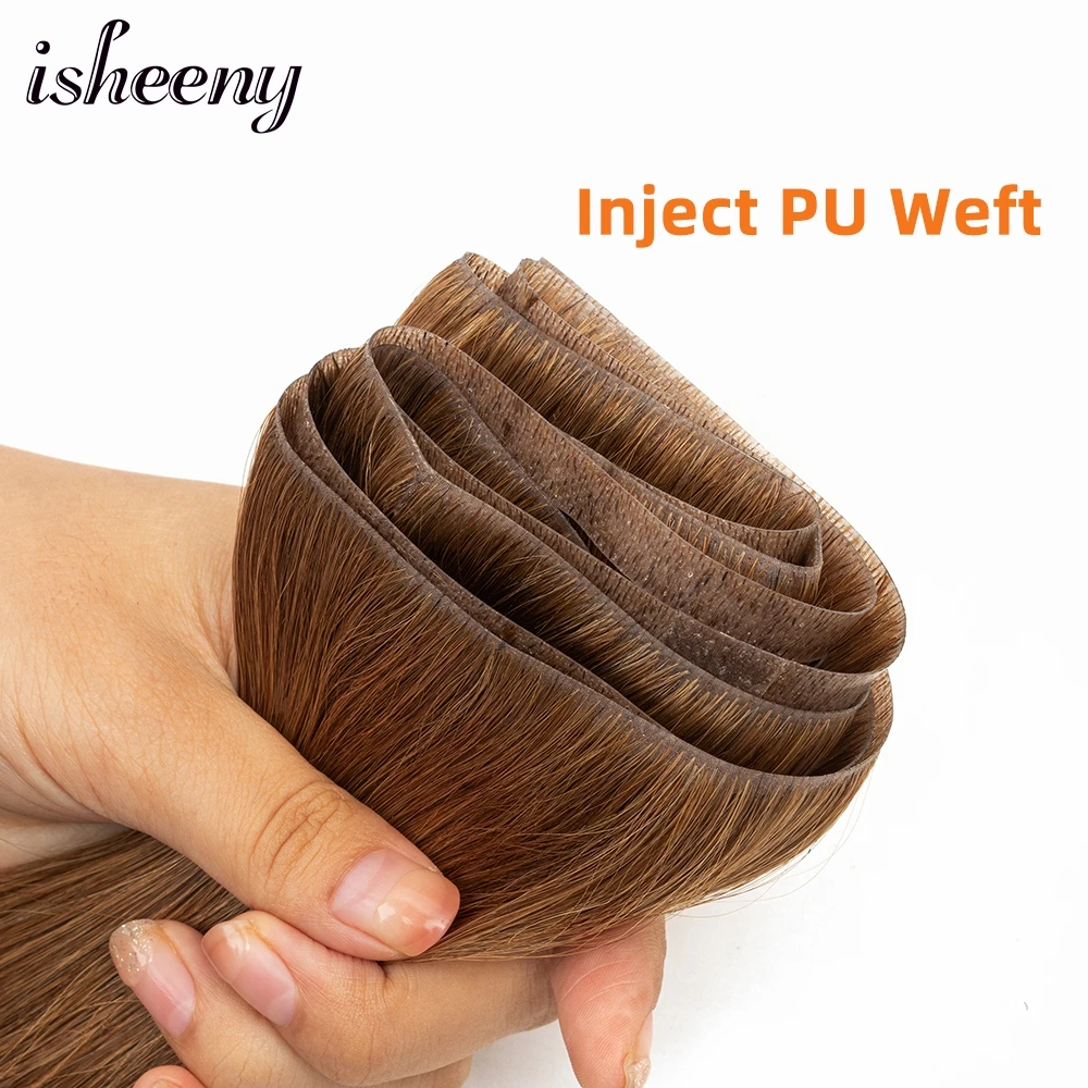 Isheeny Straight Long Tape Weft Hair 12"-22" Invisible PU Skin Weft Human Hair Extensions Natural Inject Hair Bundles 80-100g