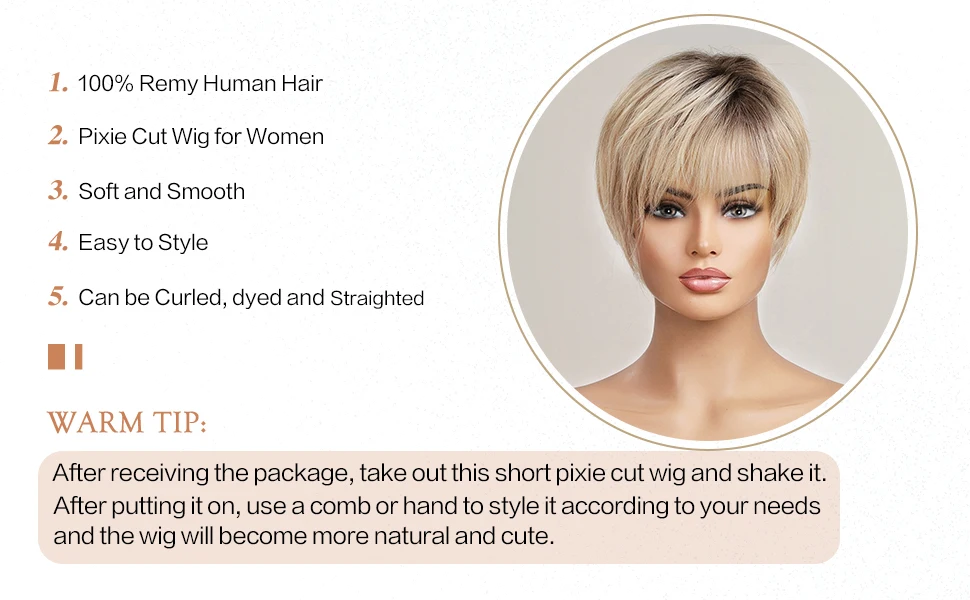 100% Remy Human Hair Ombre Blonde Lace Front Wigs with Bangs Pixie Cut Hairs Short Straight Layered Wigs for Women Bob Human Wig