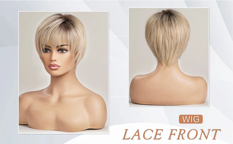 100% Remy Human Hair Ombre Blonde Lace Front Wigs with Bangs Pixie Cut Hairs Short Straight Layered Wigs for Women Bob Human Wig