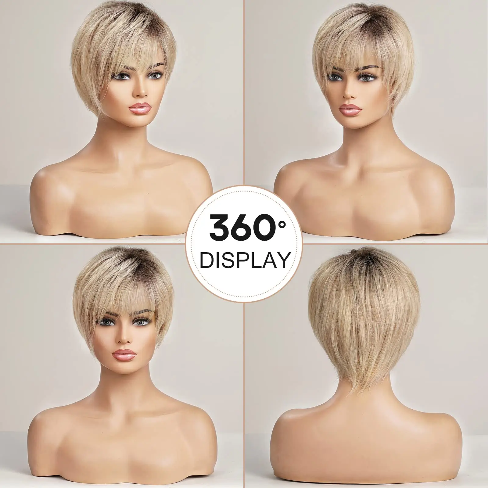 100% Remy Human Hair Ombre Blonde Lace Front Wigs with Bangs Pixie Cut Hairs Short Straight Layered Wigs for Women Bob Human Wig