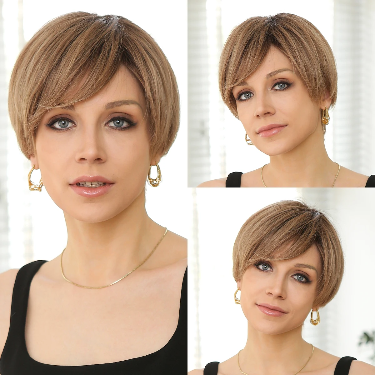 100% Remy Human Hair Ombre Blonde Lace Front Wigs with Bangs Pixie Cut Hairs Short Straight Layered Wigs for Women Bob Human Wig