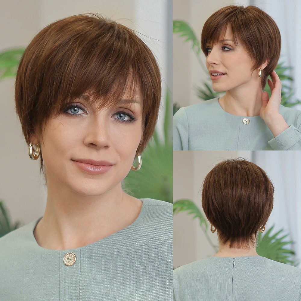 100% Remy Human Hair Ombre Blonde Lace Front Wigs with Bangs Pixie Cut Hairs Short Straight Layered Wigs for Women Bob Human Wig