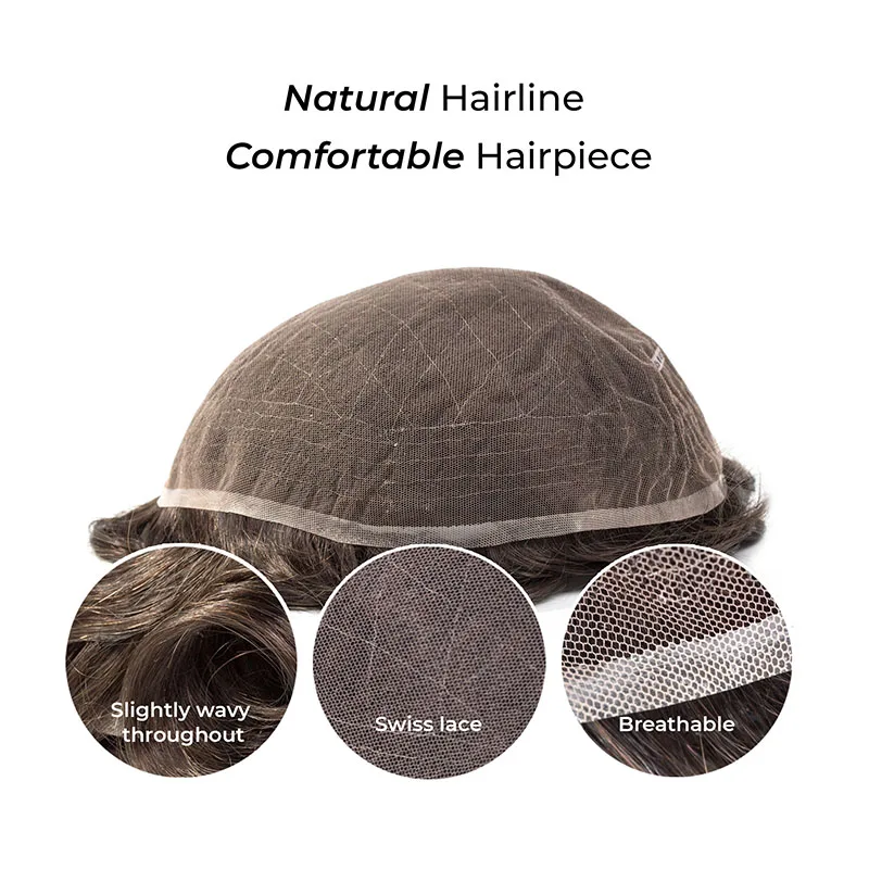 Men's Full Swiss Lace Wig Bleached Knot Human Hair Toupee Durable Comfortable All-Day Wear Hairpiece