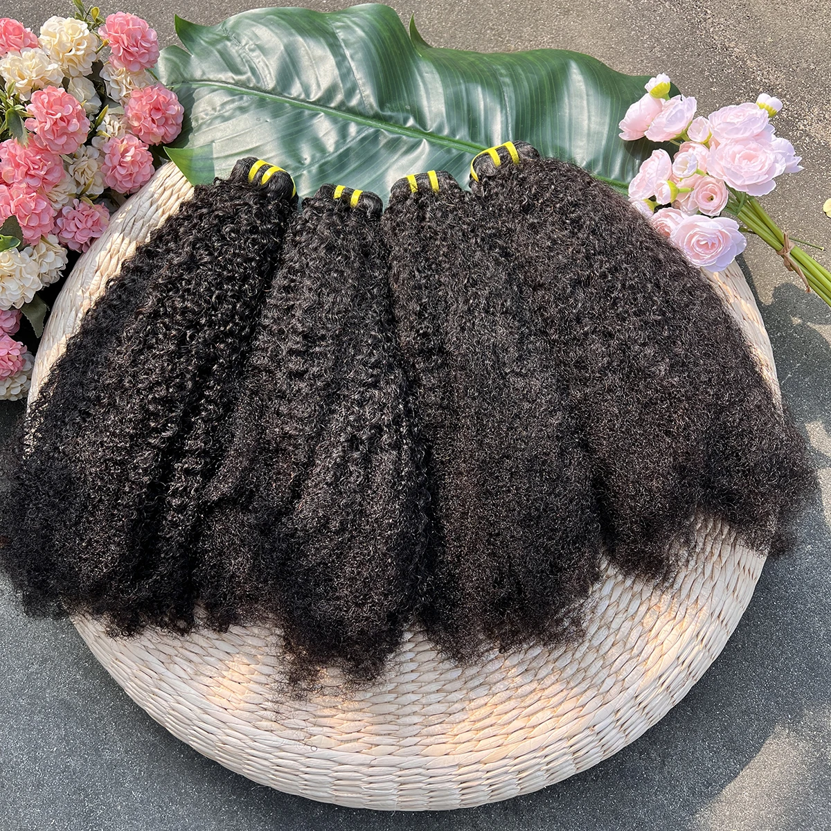4C Afro Kinky Curly Human Hair Bundles Coily Hair Weave Extensions Natural Color 100% Unprocessed Raw Virgin Hair For Women