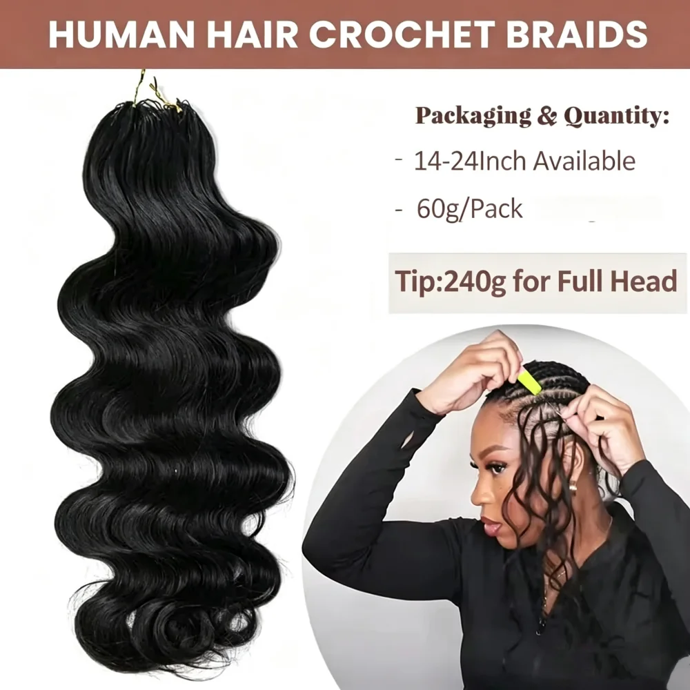 Smilegirl #1B Body Wave Crochet Human Hair 16 18 Inch Unprocessed Brazilian Virgin Feather Crochet Human Hair 60 Grams Natural Black Body Wave Human Crochet Hair Braiding Extensions for Boho Braids