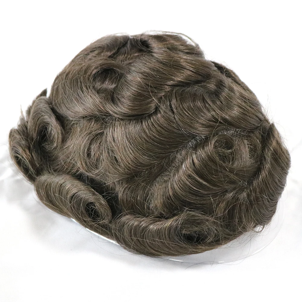 Natural Hairline 0.02mm Super Thin Skin Base Men's Toupee 80~90% Density Grey Male Human Hair Capillary Prosthesis System Wigs