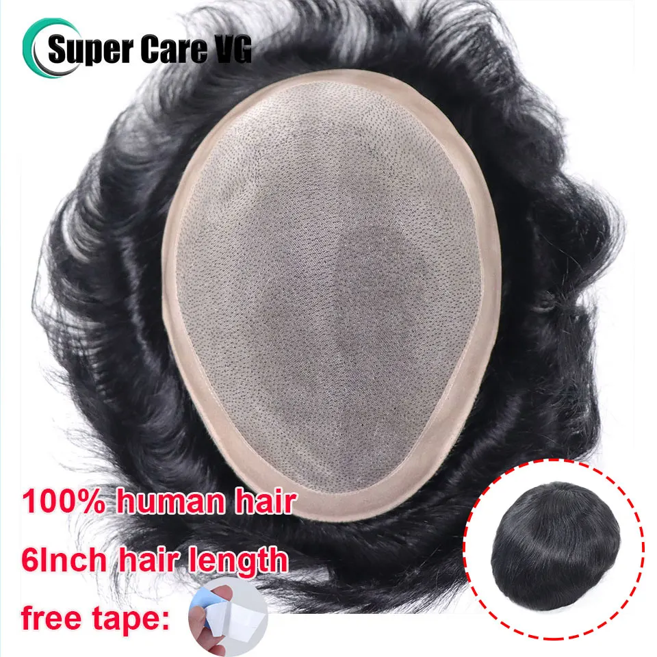 6*8/ 6*9/ 7*9 Breathable Fine Mono With PU Toupee Men #1B 6Inch Men's Wig Human Hair Toupee Men's Replacement Systems Unit Wig