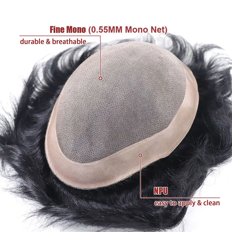 6*8/ 6*9/ 7*9 Breathable Fine Mono With PU Toupee Men #1B 6Inch Men's Wig Human Hair Toupee Men's Replacement Systems Unit Wig