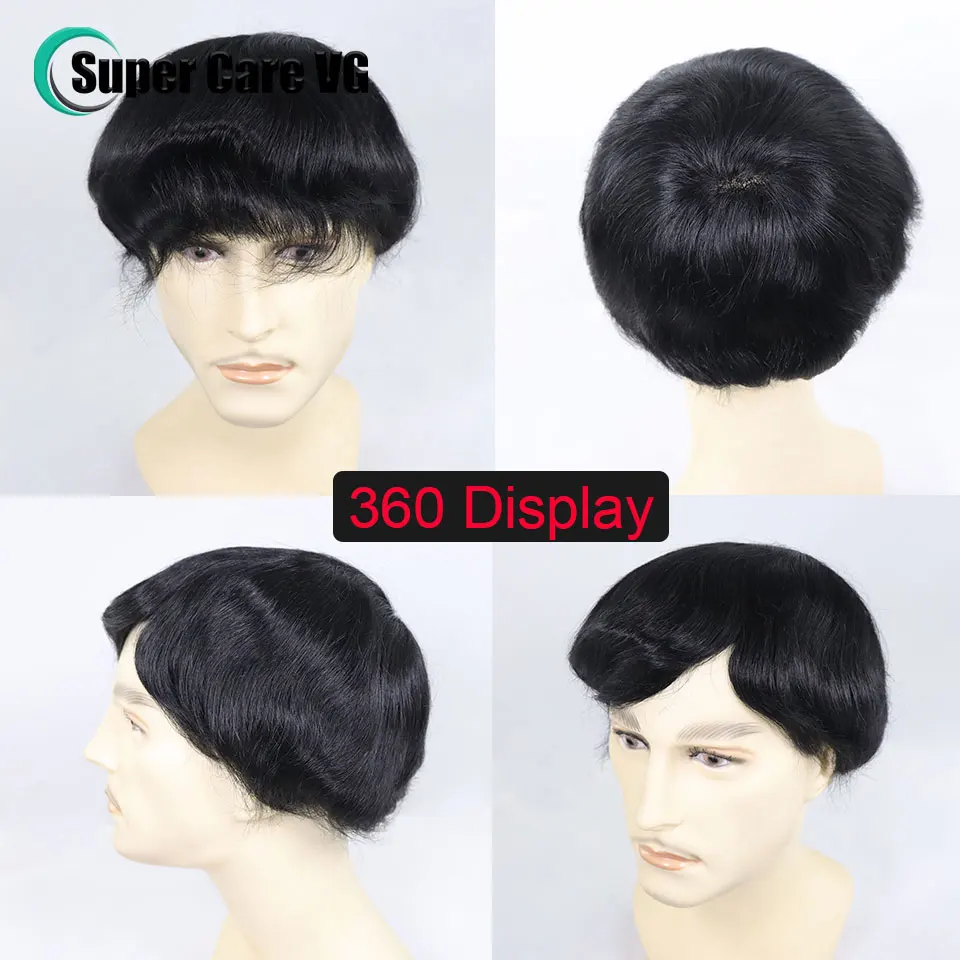 6*8/ 6*9/ 7*9 Breathable Fine Mono With PU Toupee Men #1B 6Inch Men's Wig Human Hair Toupee Men's Replacement Systems Unit Wig