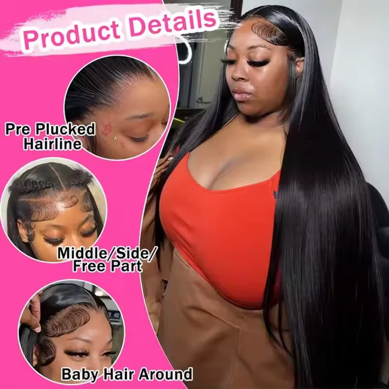 13x4 13x6 Hd Bone Straight Transparent Lace Front Wig Human Hair 40 Inch Pre Plucked Lace Frontal Wigs 250 Density