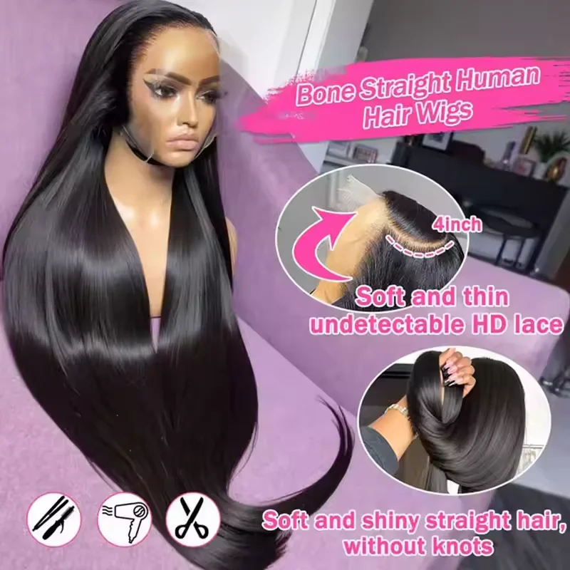 13x4 13x6 Hd Bone Straight Transparent Lace Front Wig Human Hair 40 Inch Pre Plucked Lace Frontal Wigs 250 Density