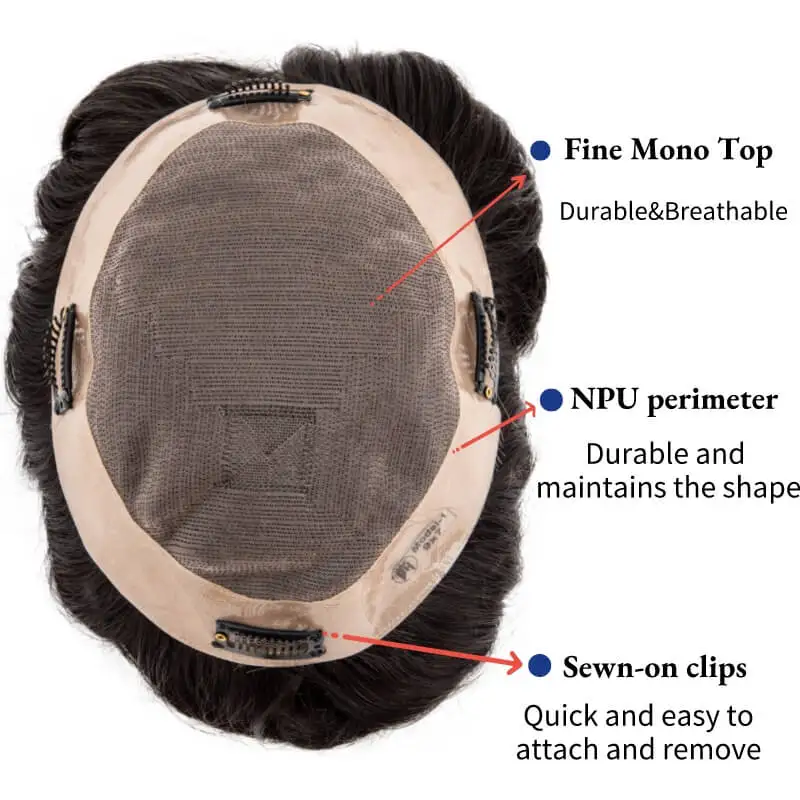Men’s Clip-On Hair System Mono Male Wig 130% Density Durable Male Hair Prosthesis Toupee Men 6" Hair Replacement System For Men