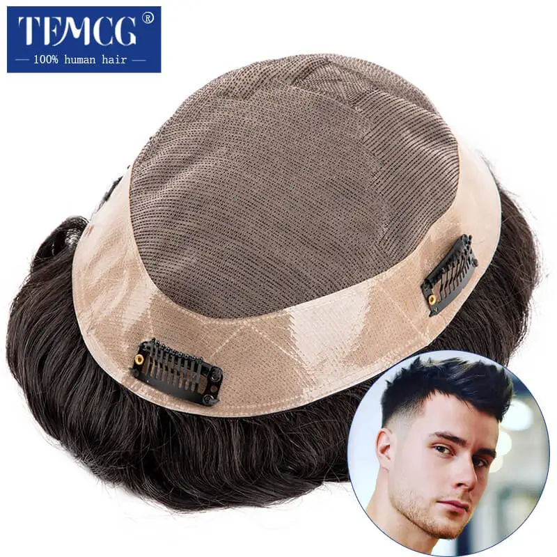 Men’s Clip-On Hair System Mono Male Wig 130% Density Durable Male Hair Prosthesis Toupee Men 6" Hair Replacement System For Men