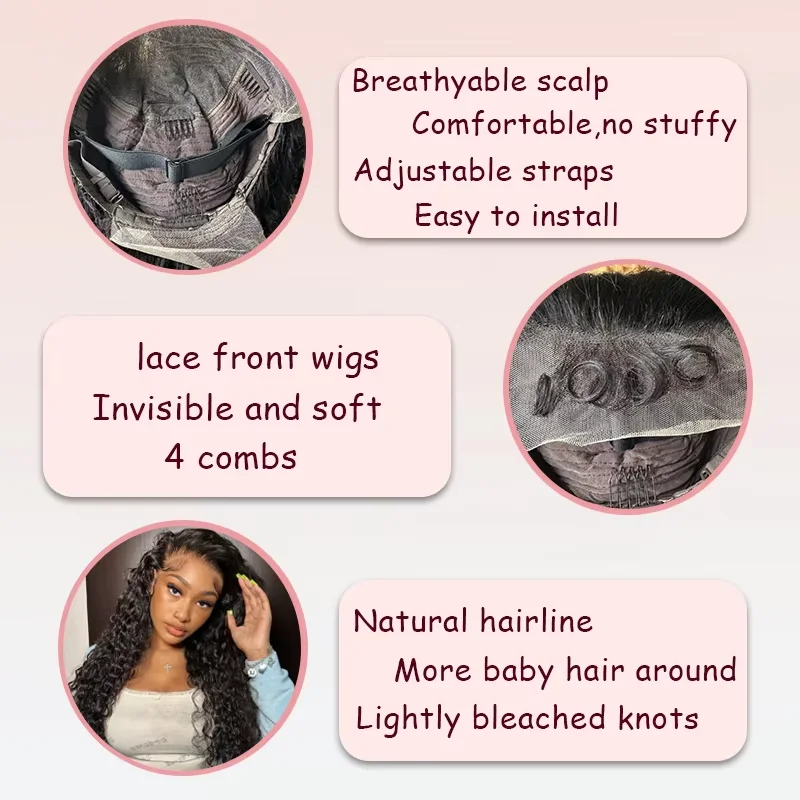 Natural Black Deep Wave Human Hair 13x6 HD Transparent Lace Front Wig 7x6 Brazilian Remy Human Hair Pre Plucked Baby Hair Glueless Wear And Go 200% Density Soft Bouncy Minimal Shed No Tangle Beginner Friendly For Women 40 46 Inch