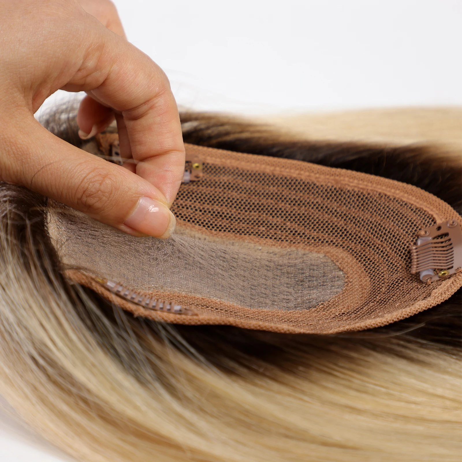 Ombre Brown Blonde Human Hair Toppers with Bangs 5x5.5inch Silk Base 100% Remy Natural Topper Hair for Women with Thinning Hair