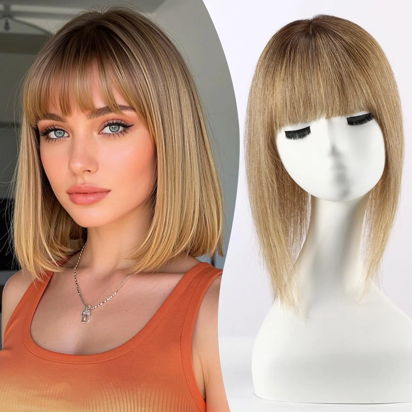 Ombre Brown Blonde Human Hair Toppers with Bangs 5x5.5inch Silk Base 100% Remy Natural Topper Hair for Women with Thinning Hair