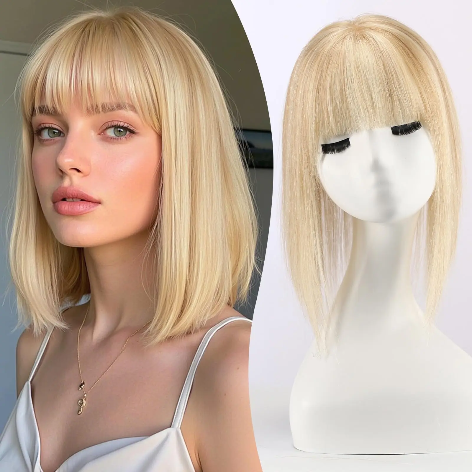 Ombre Brown Blonde Human Hair Toppers with Bangs 5x5.5inch Silk Base 100% Remy Natural Topper Hair for Women with Thinning Hair
