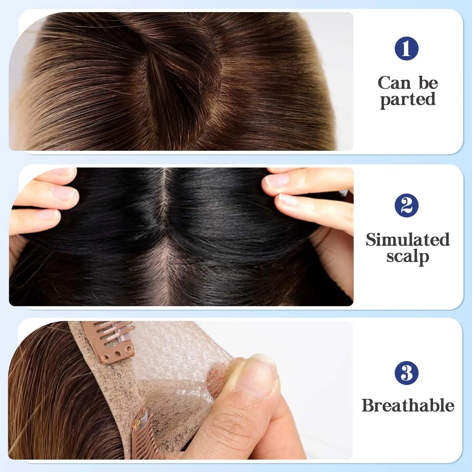Ombre Brown Blonde Human Hair Toppers with Bangs 5x5.5inch Silk Base 100% Remy Natural Topper Hair for Women with Thinning Hair
