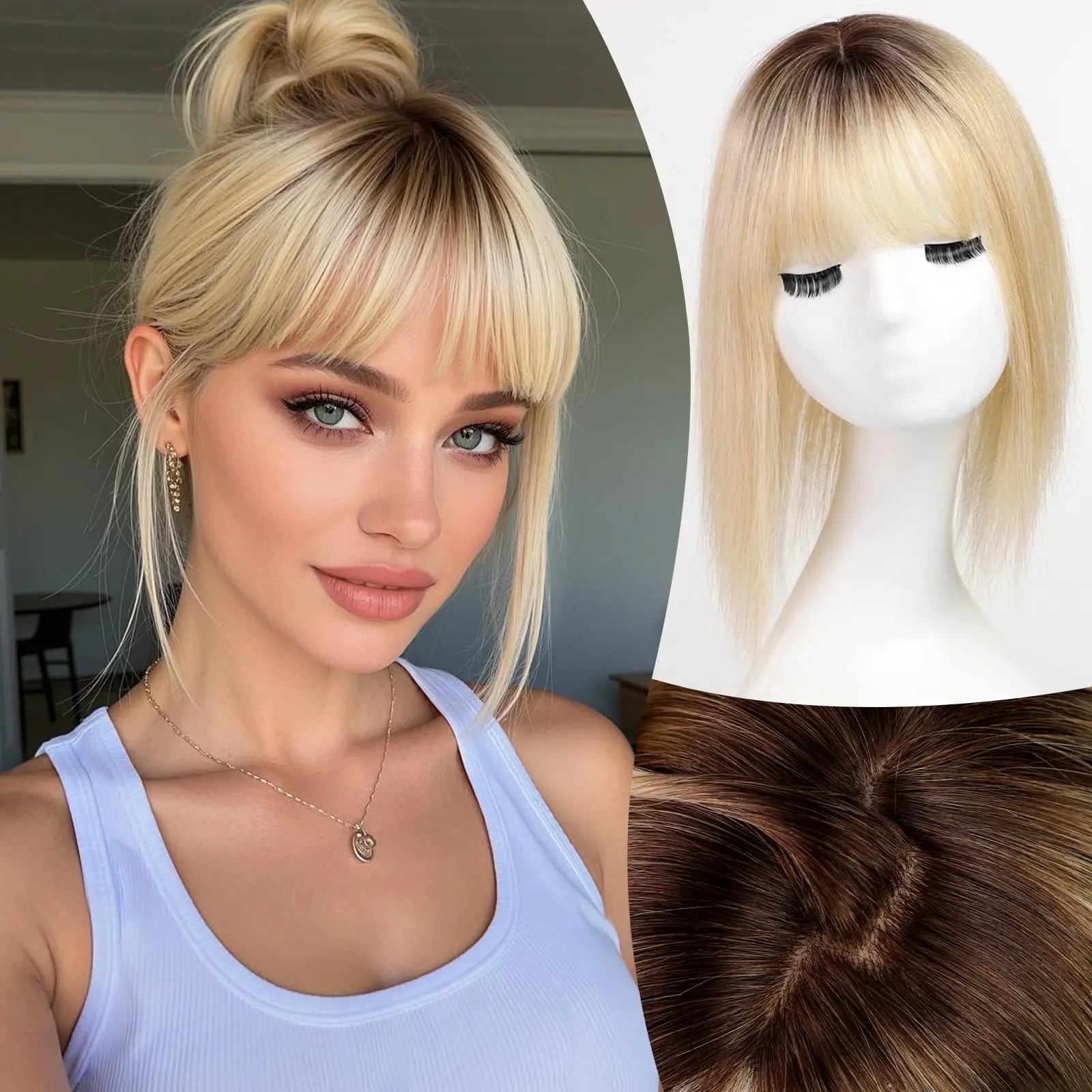 Ombre Brown Blonde Human Hair Toppers with Bangs 5x5.5inch Silk Base 100% Remy Natural Topper Hair for Women with Thinning Hair