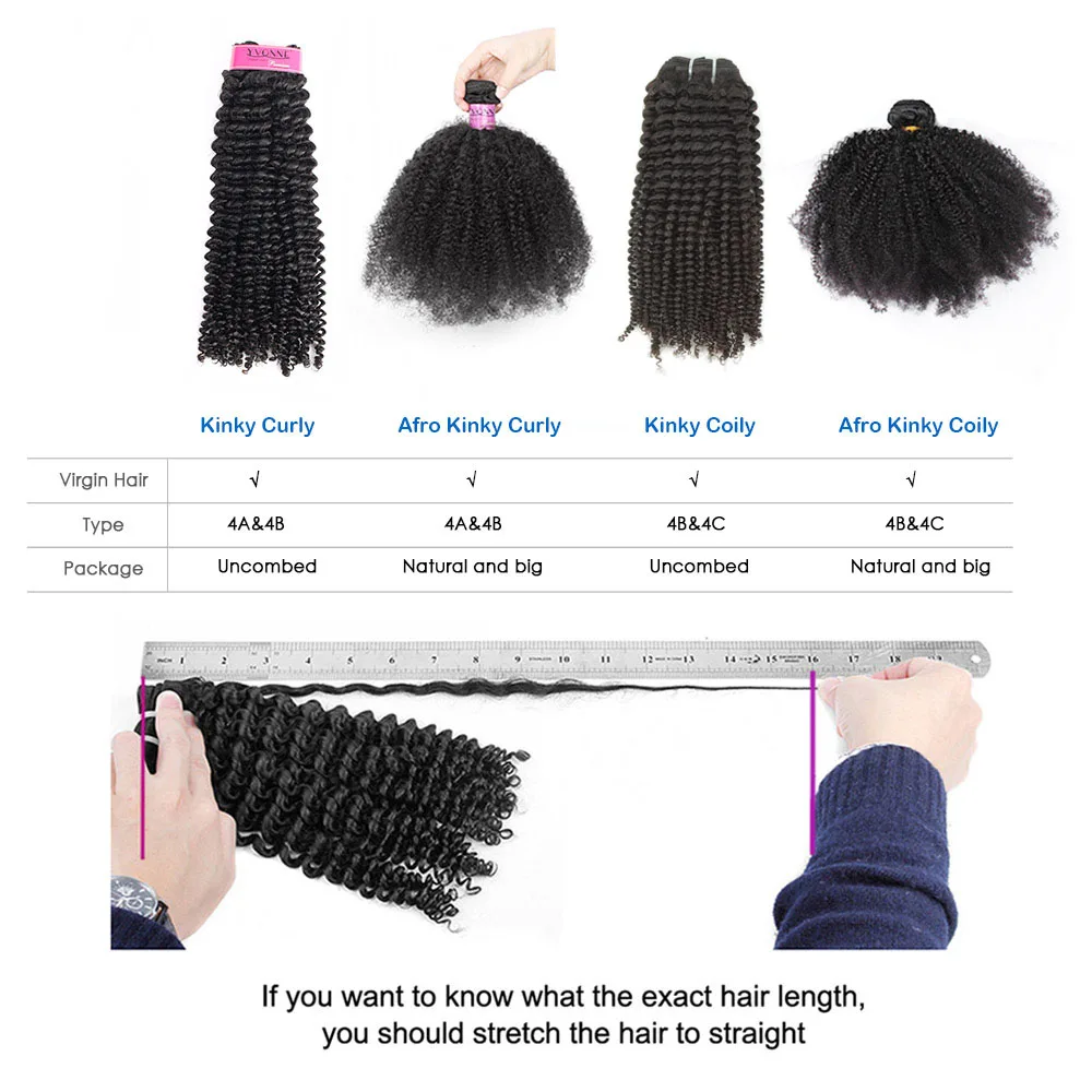 YVONNE Afro Kinky Curly Virgin Hair 3 Bundles Brazilian Hair Weave Bundles 100% Human Hair Natural Color