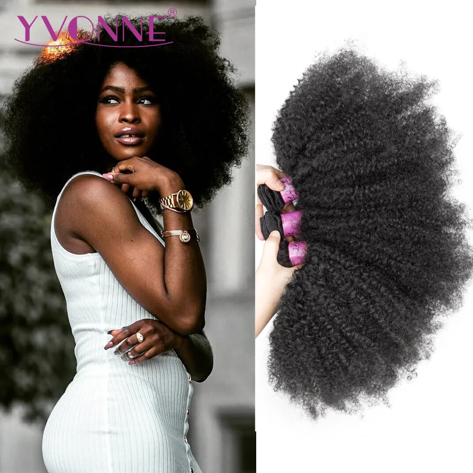 YVONNE Afro Kinky Curly Virgin Hair 3 Bundles Brazilian Hair Weave Bundles 100% Human Hair Natural Color