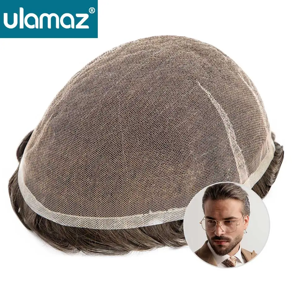 Swiss Lace Toupee Mens Wigs Invisible Male Hair Prosthesis 100% Density Human Hair Natural Hair Wig Man Full Lace Hair System