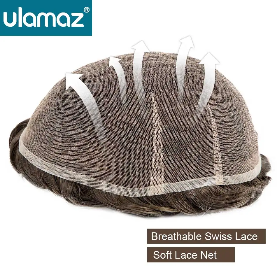Swiss Lace Toupee Mens Wigs Invisible Male Hair Prosthesis 100% Density Human Hair Natural Hair Wig Man Full Lace Hair System