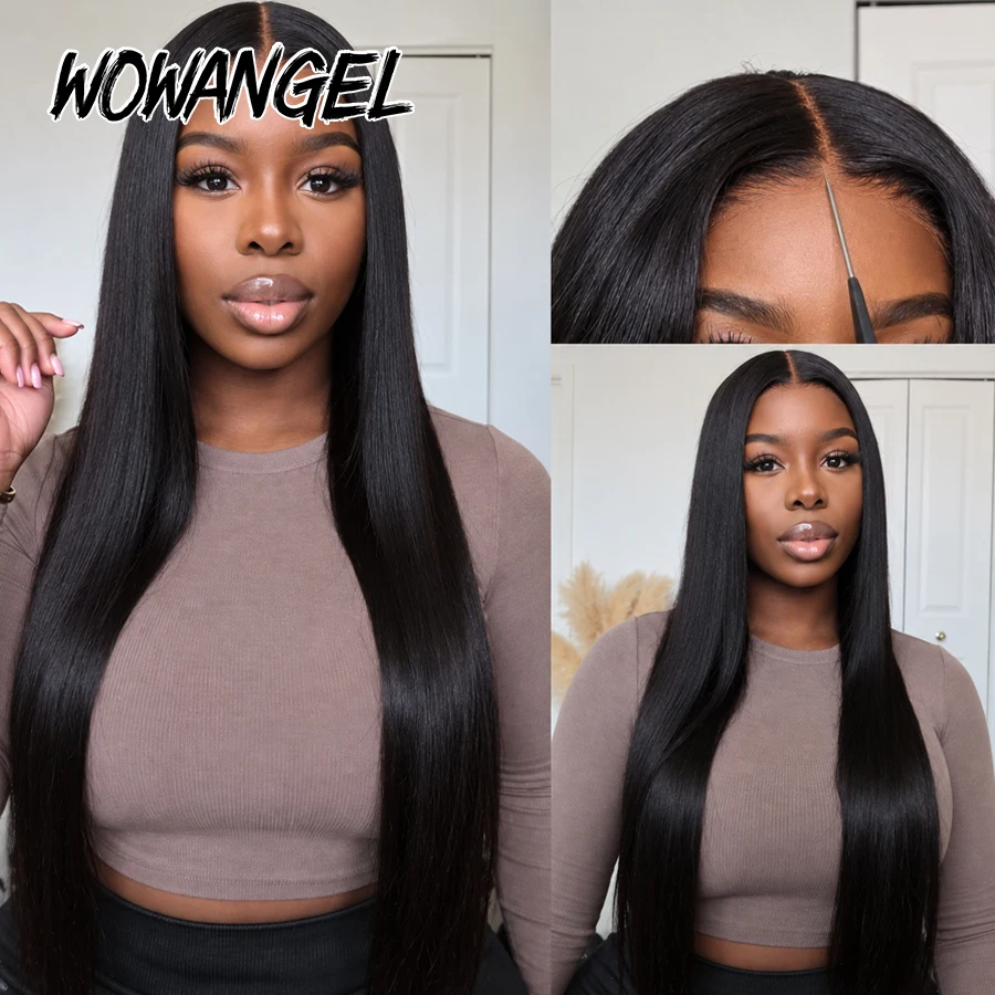 WOWANGEL Pre Cut Lace 5x5 HD Glueless Wig Straight Human Hair Wig Pre Plucked Natural Hairline Beginner Friendly Ready to Wear
