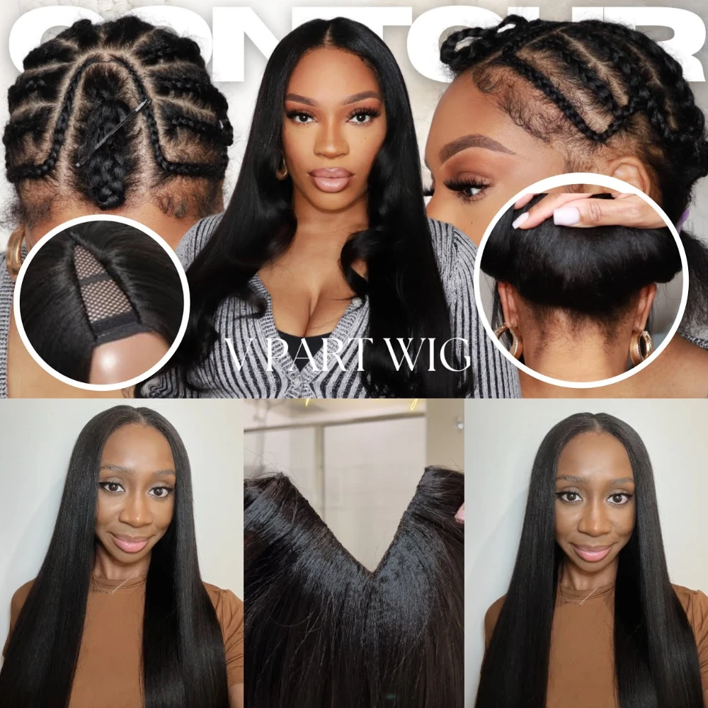 UNice Hair InvisiBlend Yaki Straight V Part Wigs With Drawstring 100% Human Hair Clip-in Glueless Half Wigs for Beginner