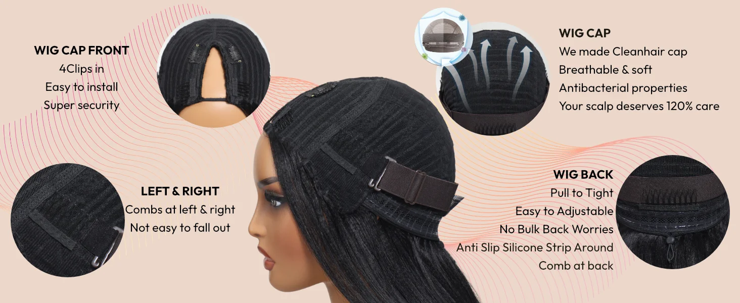 UNice Hair InvisiBlend Yaki Straight V Part Wigs With Drawstring 100% Human Hair Clip-in Glueless Half Wigs for Beginner