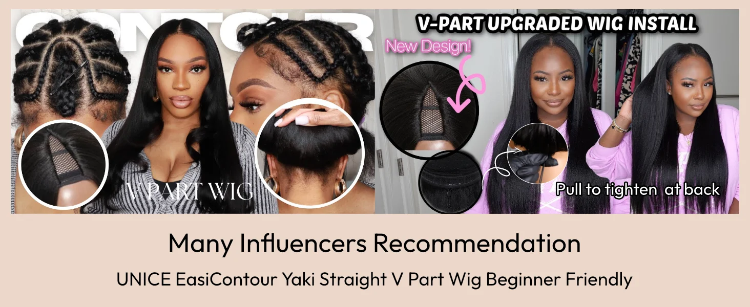 UNice Hair InvisiBlend Yaki Straight V Part Wigs With Drawstring 100% Human Hair Clip-in Glueless Half Wigs for Beginner