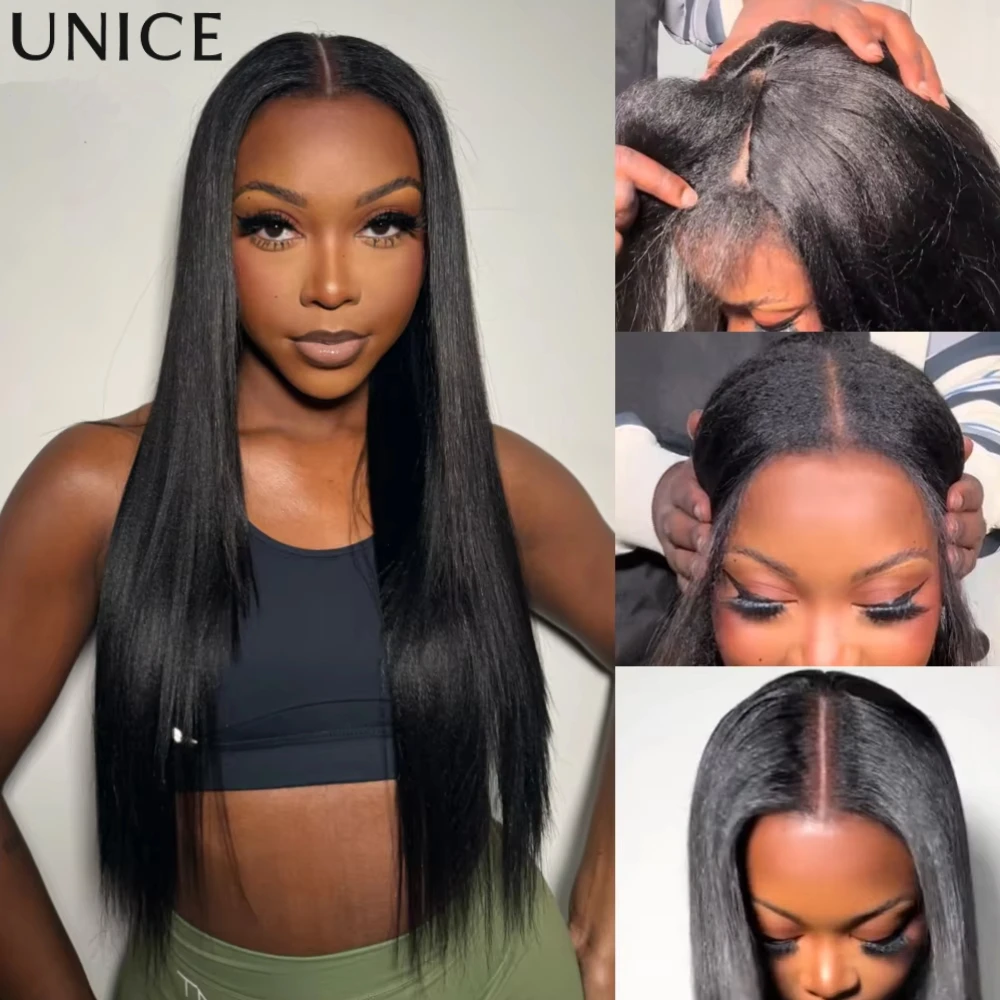 UNice Hair InvisiBlend Yaki Straight V Part Wigs With Drawstring 100% Human Hair Clip-in Glueless Half Wigs for Beginner
