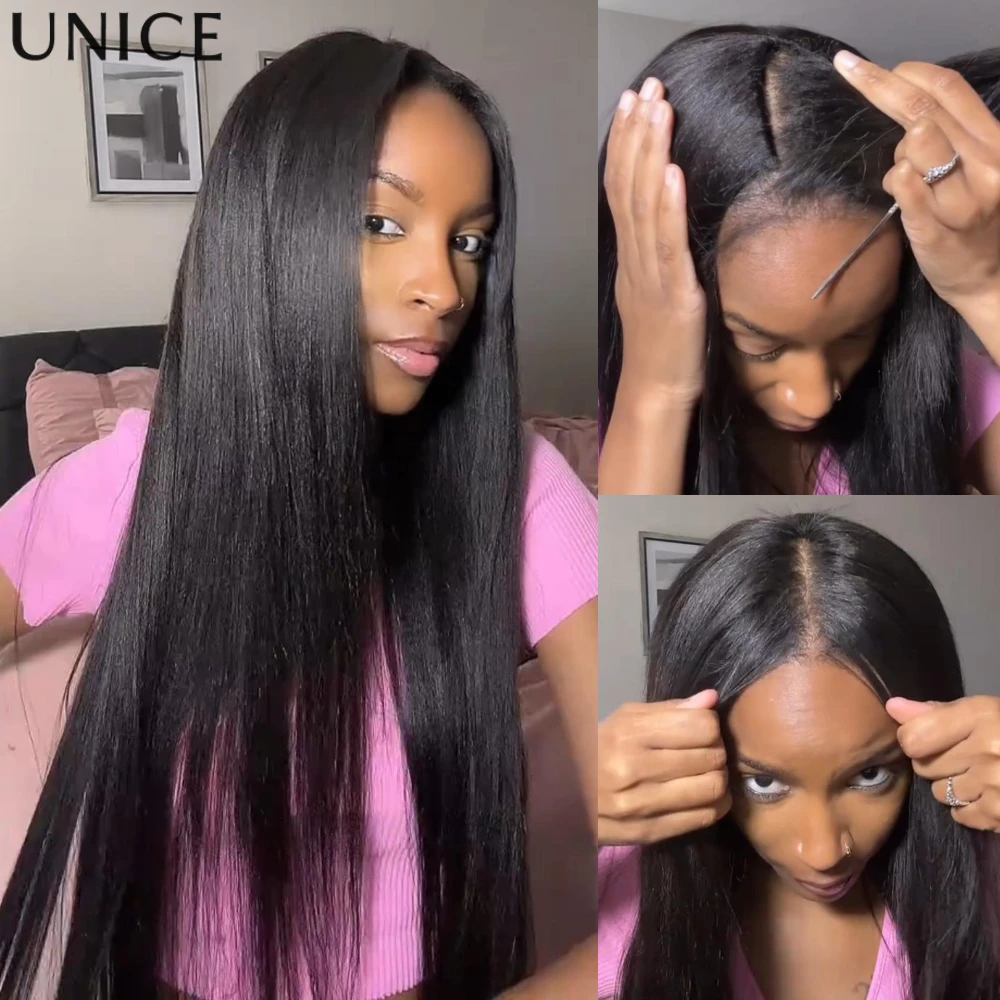 UNice Hair InvisiBlend Yaki Straight V Part Wigs With Drawstring 100% Human Hair Clip-in Glueless Half Wigs for Beginner