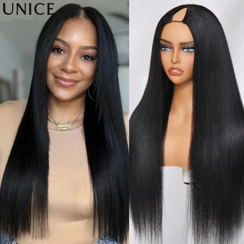 UNice Hair InvisiBlend Yaki Straight V Part Wigs With Drawstring 100% Human Hair Clip-in Glueless Half Wigs for Beginner