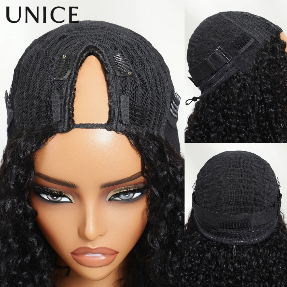 UNice Hair InvisiBlend Yaki Straight V Part Wigs With Drawstring 100% Human Hair Clip-in Glueless Half Wigs for Beginner